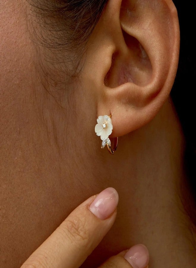 VLINRAS Mother of Pearl Flower Hoop Earrings, Dainty Floral Gold Huggie Earrings, Bridal Earrings Bridesmaid Gift - Image 3
